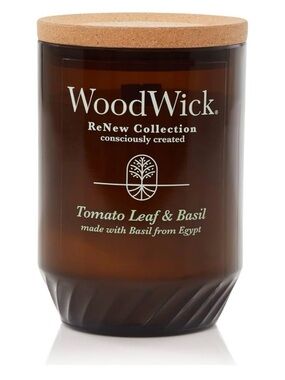 WoodWick ReNew Tomato Leaf & Basil 13 oz. large W/Crackling Wick & Cork Lid -NWT